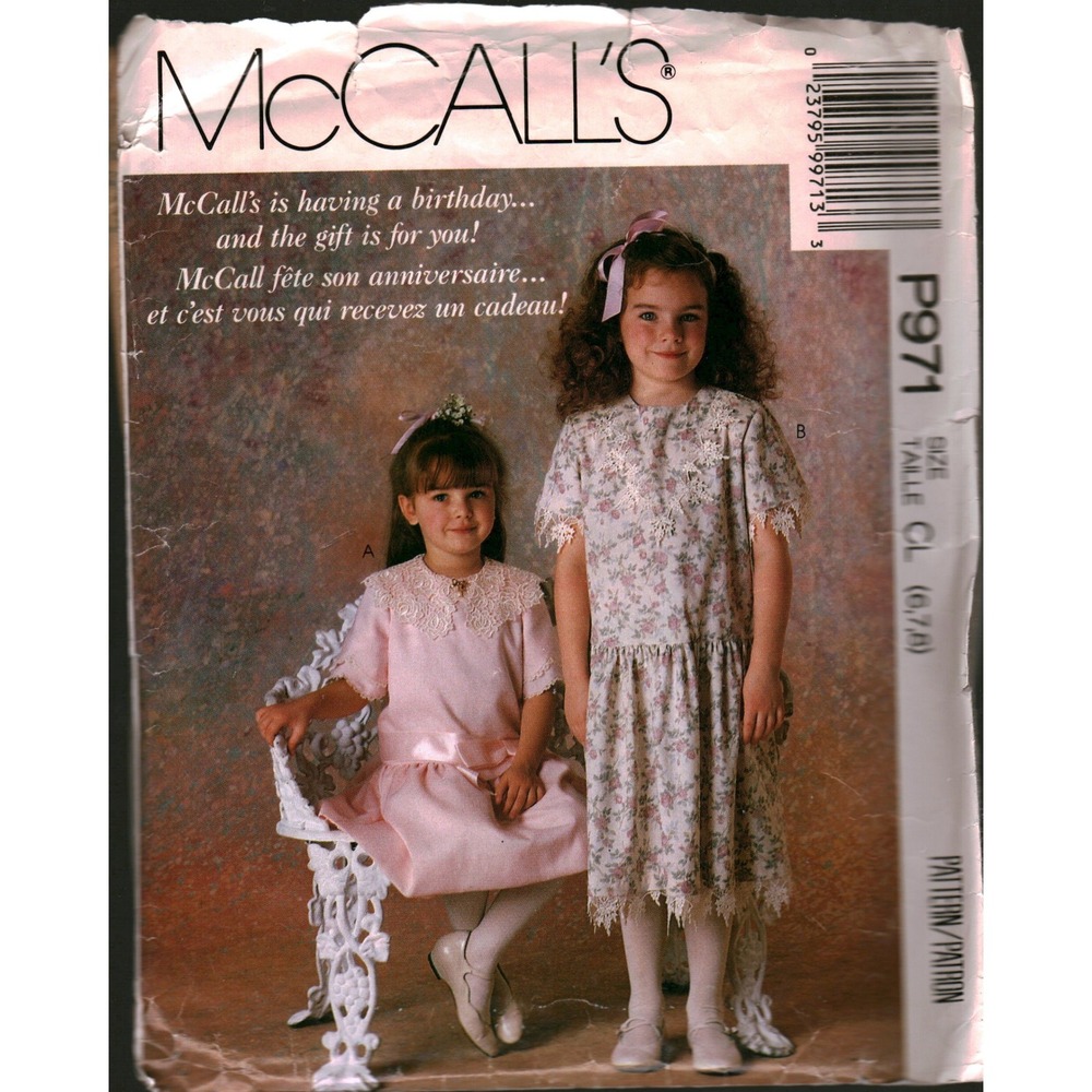 McCalls P971 Girls Dress Sewing Pattern Size 6 7 8 Dropped Waist Lace Collar